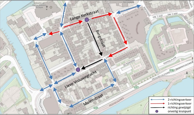 Kaart nieuwe verkeerssituatie Bergstraat Lieve Vrouwegracht